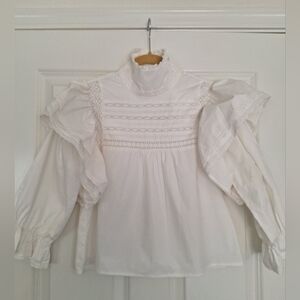 Meadows Women's Puff‎ Sleeve Peasant Top Size 2 Elegant White Ruffled Blouse